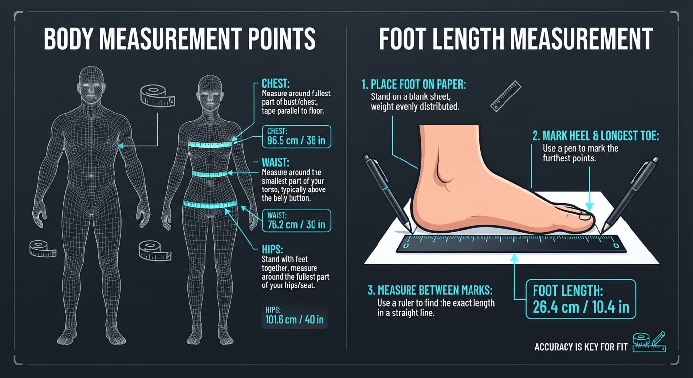 Visual infographic detailing step-by-step body and foot length measurement techniques for international size conversion