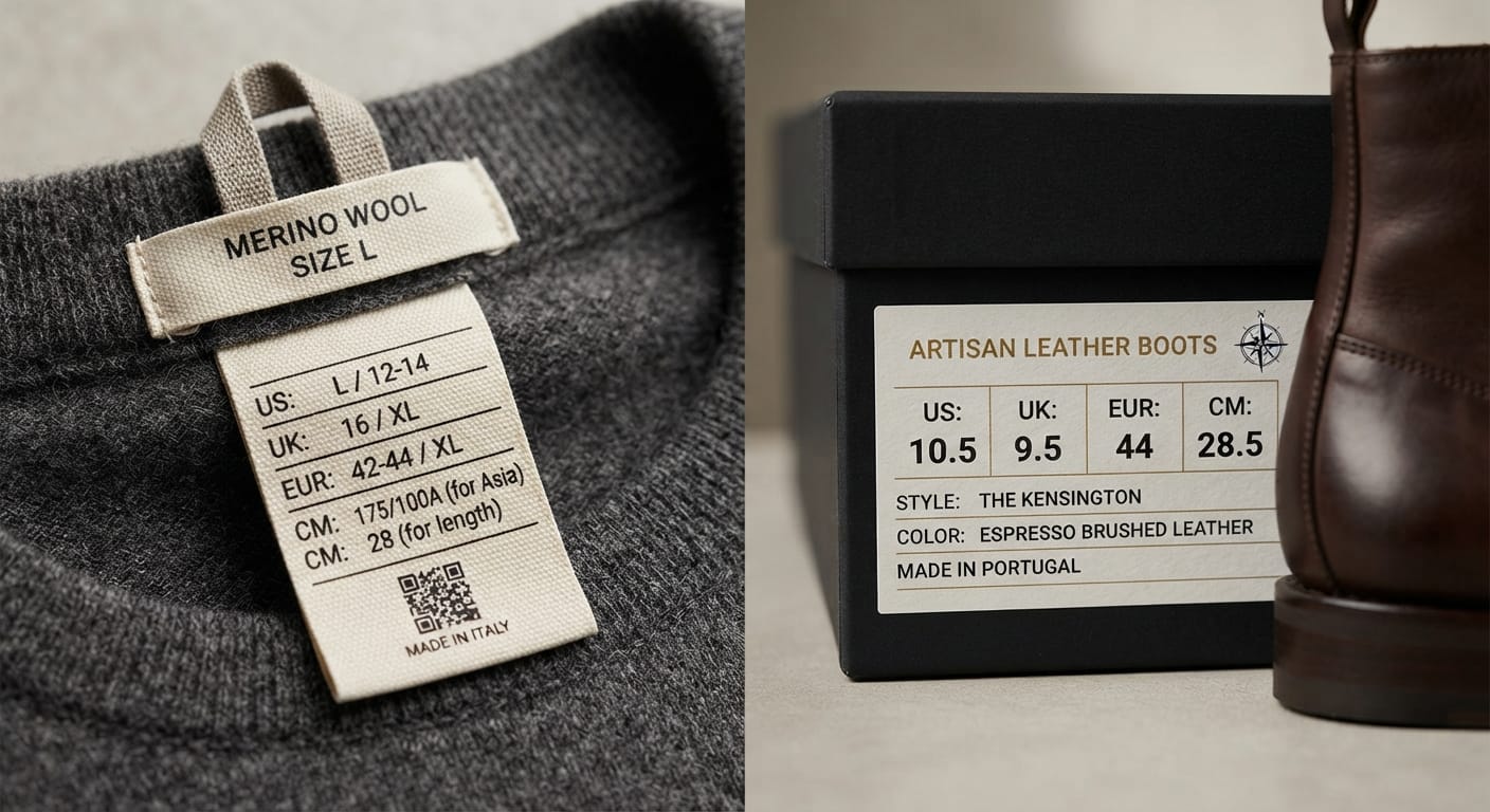 Illustration of international garment size tags and footwear labels comparing US, UK, EU, and JP sizing systems