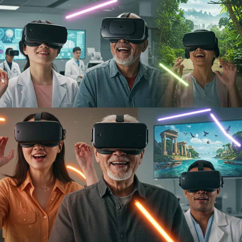 여러 명이 VR 기기를 착용하고 몰입형 콘텐츠를 체험하는 모습 이미지
