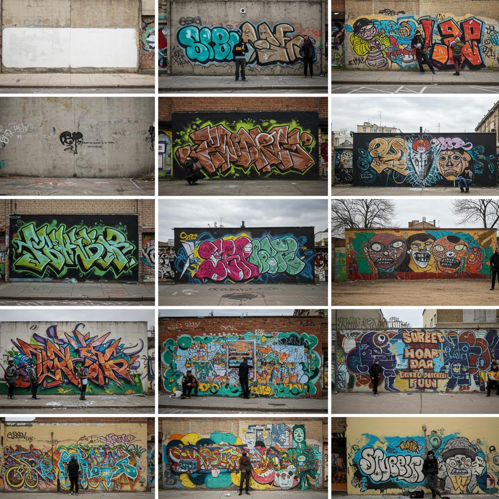 다양한 그래피티가 이어진 벽면에서 젊은 에너지와 창조적 저항이 교차하는 순간