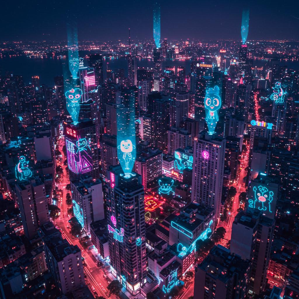 도시 야경 속 고층 빌딩 위에 홀로그램 캐릭터들이 비치는 미래형 메타시티, 온카스터디가 전하는 디지털 감정 데이터 도시 비전