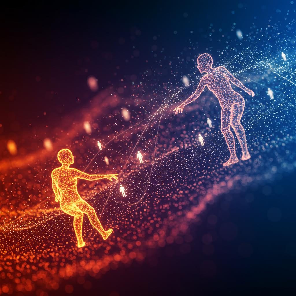 입자처럼 흩어진 빛의 선들이 온카스터디의 감각을 품은 듯 서로를 향해 다가서는 디지털 교감의 순간