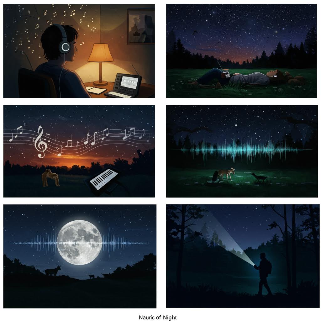 별빛 아래 음악과 자연의 소리가 겹쳐지며 밤의 정적 속에 울려 퍼지는 서정적 흐름