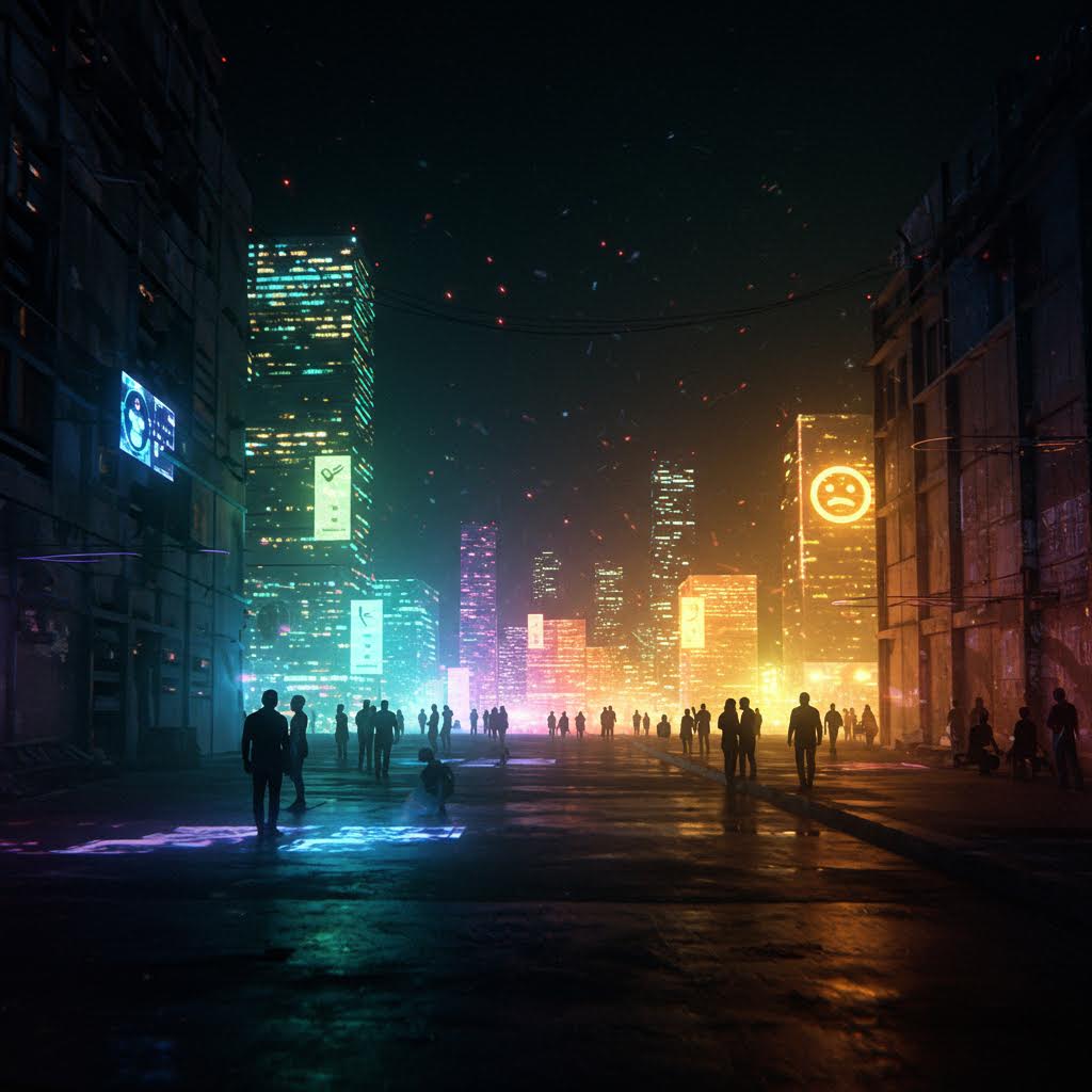 어둠 속 도시가 형형색색의 빛으로 물들며 사람들의 실루엣이 미래의 거리 위를 흐르는 장면