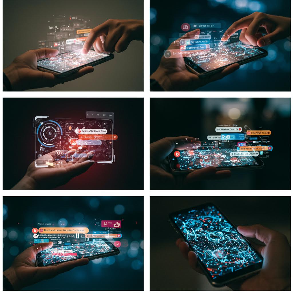 손끝에서 빛으로 떠오른 홀로그램 창들이 데이터의 세계를 조작하는 듯한 역동적인 장면