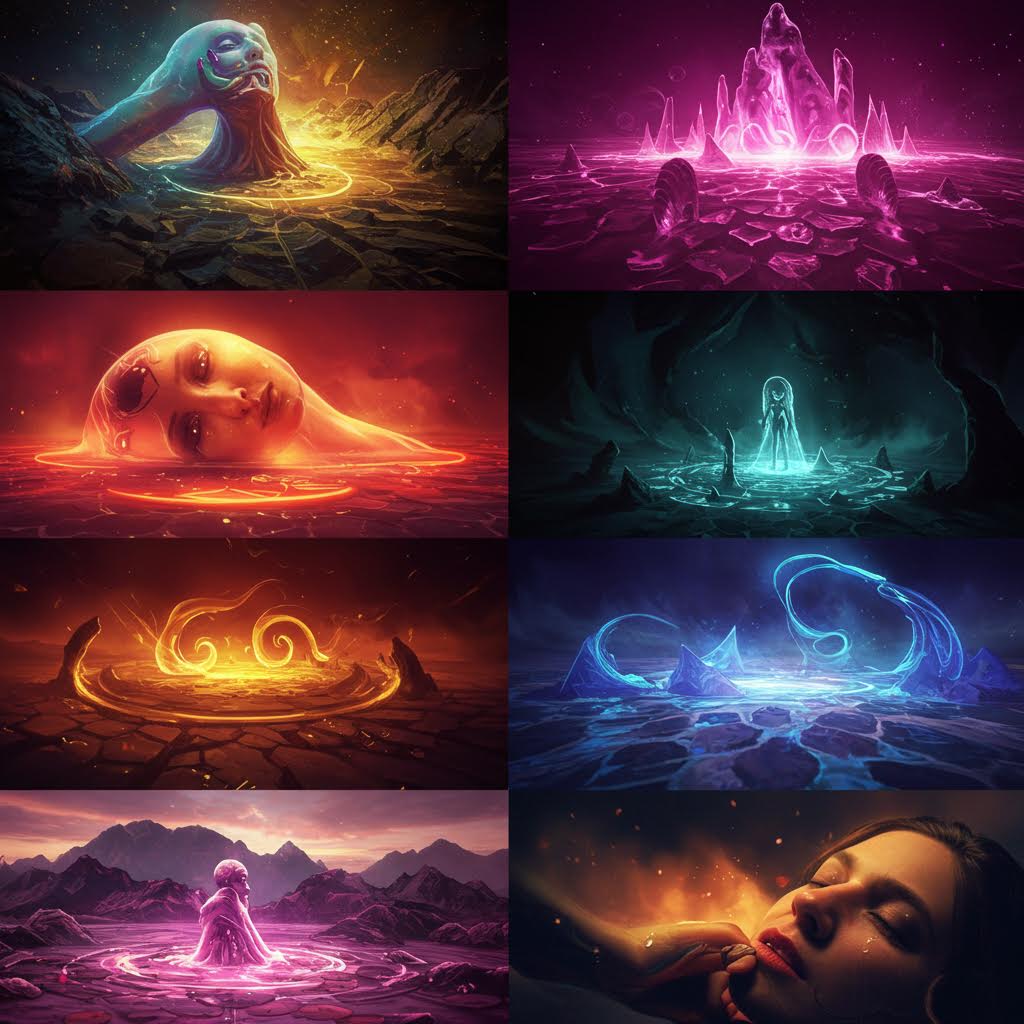 빛과 에너지로 표현된 초현실적 존재들이 등장하는 몽환적 일러스트, 온카스터디가 보여주는 감정의 흐름과 디지털 상상력의 융합