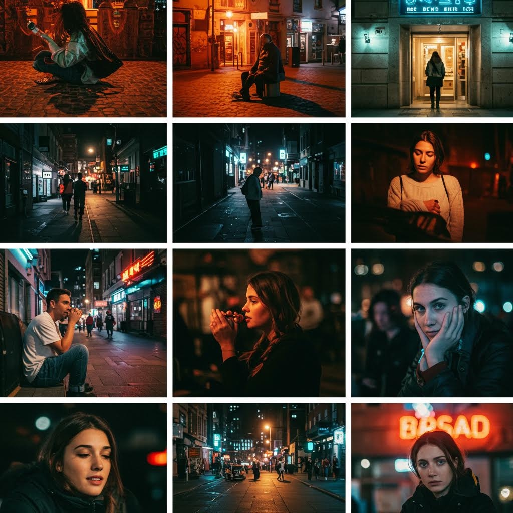 도시의 밤 풍경과 인물들을 담은 12장의 사진 콜라주 - 네온 불빛, 거리 장면, 건물 입구, 인물 초상 등이 어두운 조명과 시네마틱한 분위기로 구성된 이미지