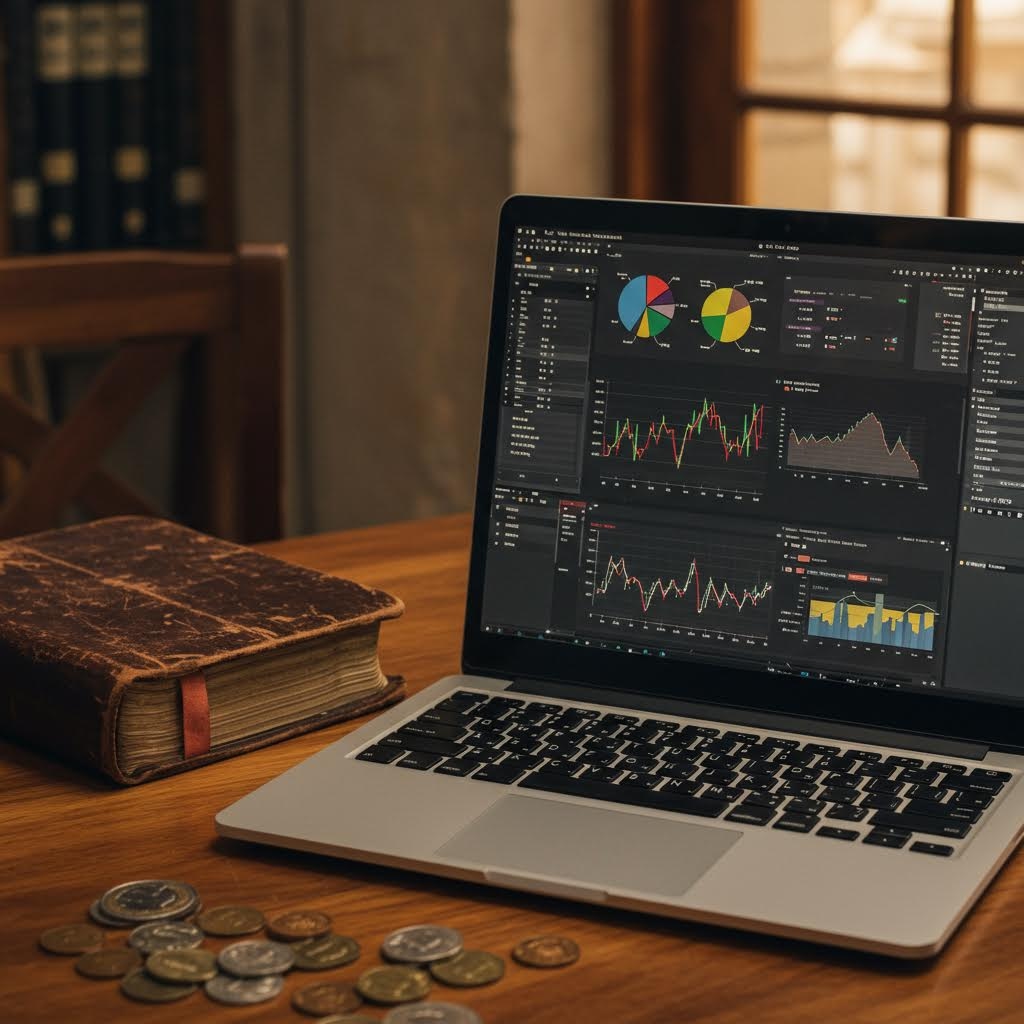 금융 데이터 분석 노트북 - 주식 차트, 원형 그래프가 표시된 화면과 오래된 책, 동전이 있는 책상 풍경