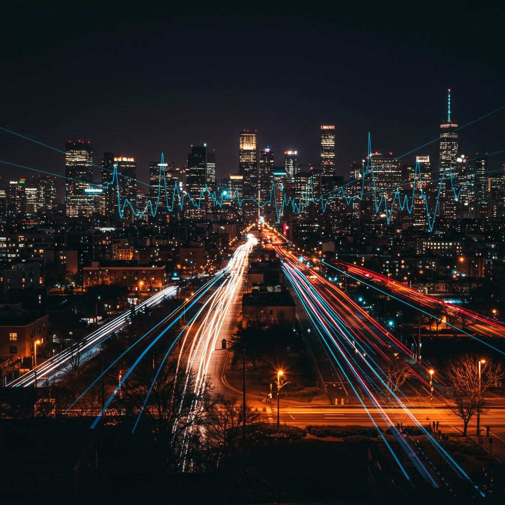 밤의 도시 스카이라인과 고속도로의 장노출 사진 - 차량 불빛의 궤적이 흐르고 고층 빌딩 위로 청록색 네트워크 연결선이 겹쳐져 스마트 시티와 IoT 연결성을 상징하는 이미지
