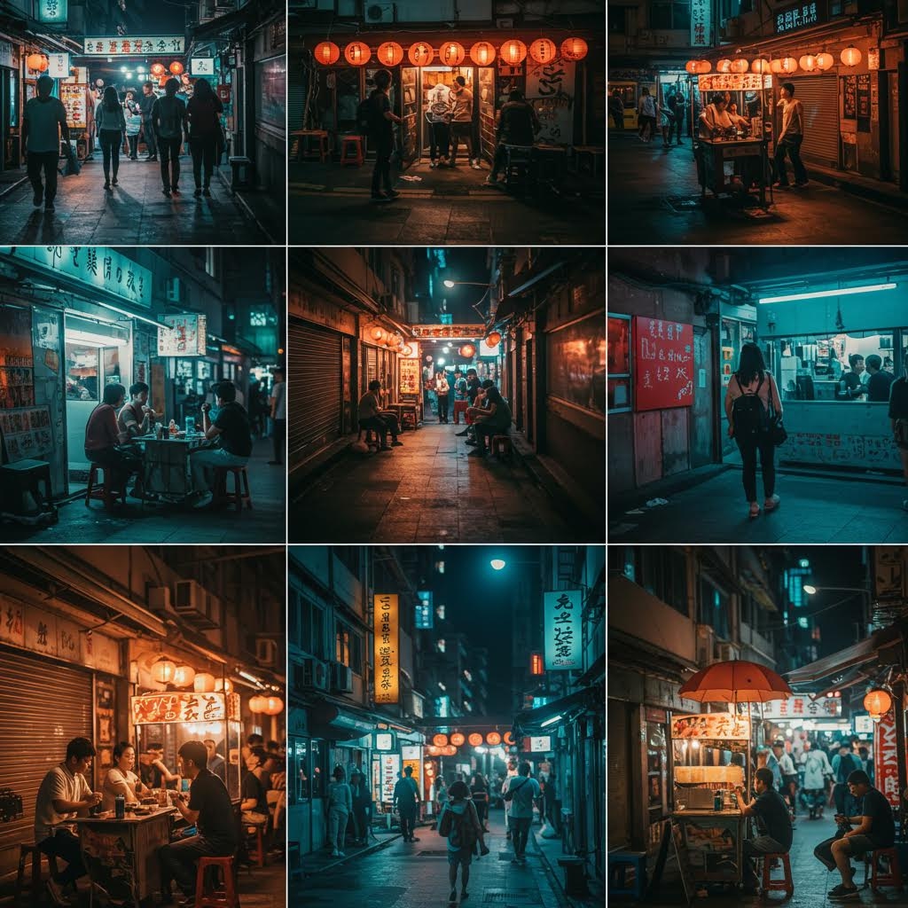 온카스터디 아시아 야시장 문화 - 전통 등불과 포장마차가 있는 9개의 활기찬 밤거리 음식 골목 풍경