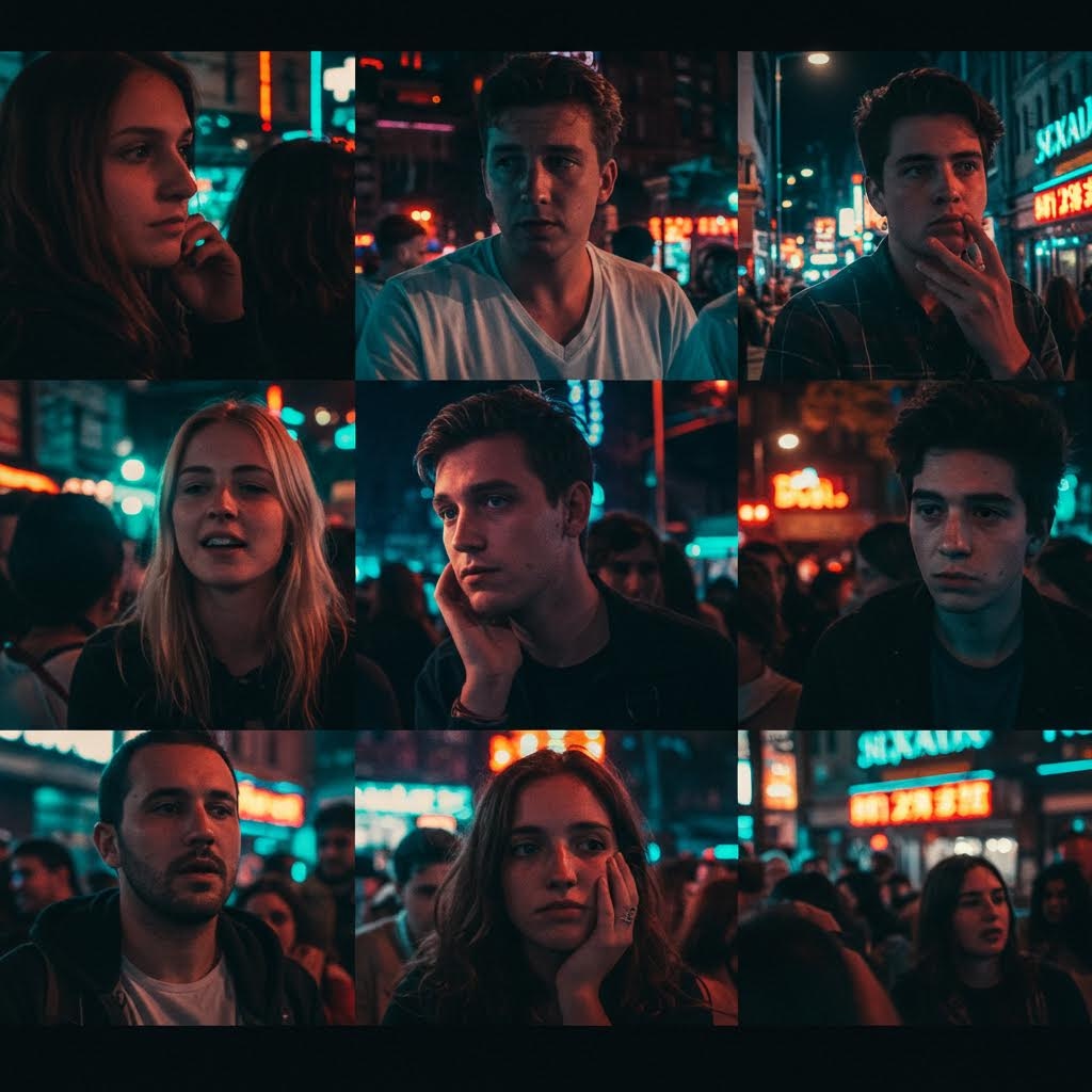 밤의 도시 네온 불빛을 배경으로 9명의 다양한 젊은이들의 초상 사진 콜라주 - 청록색과 주황색 조명이 얼굴을 비추는 시네마틱한 스타일의 그리드 레이아웃