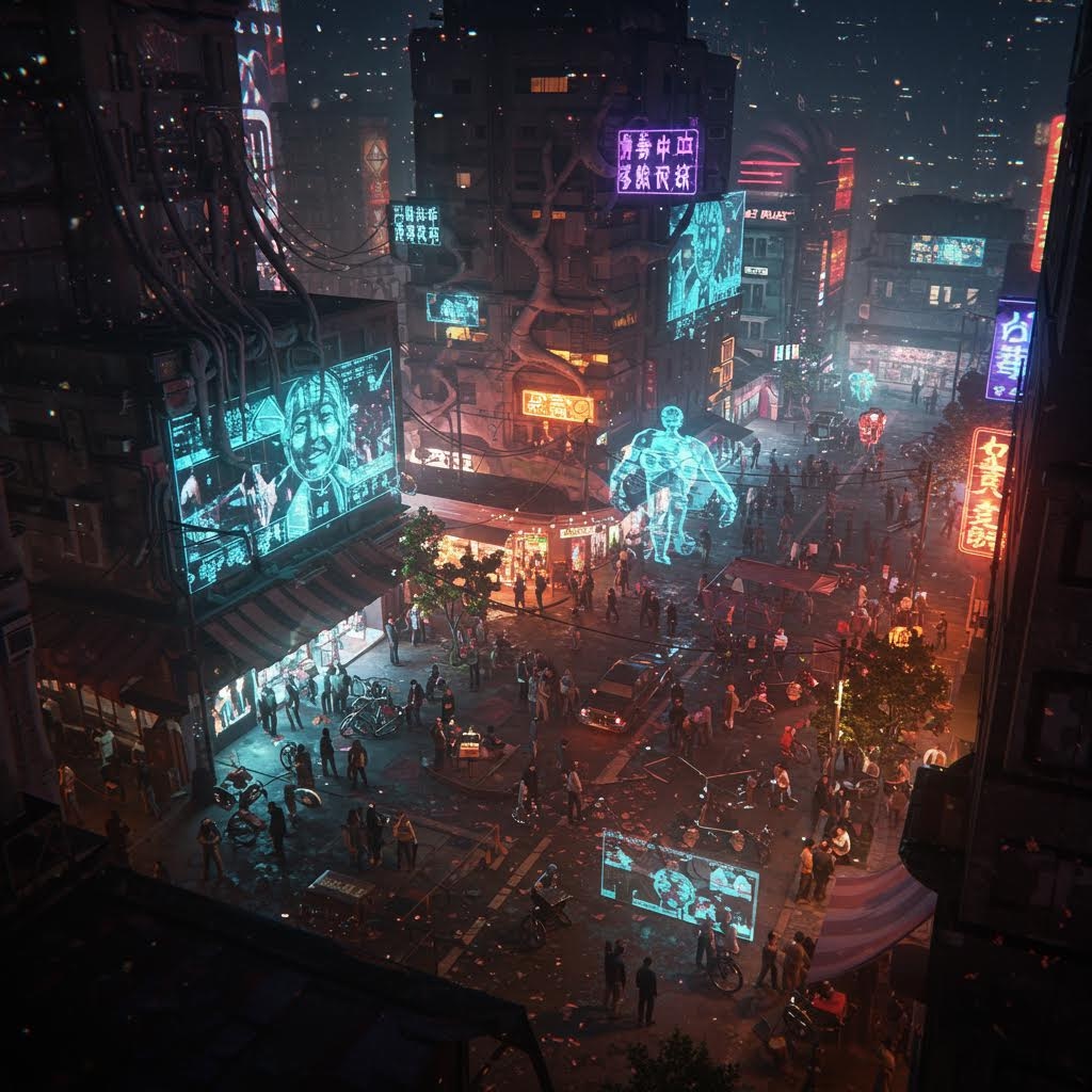 사이버펑크 스타일의 미래형 아시아 도시 거리 - 네온 간판, 홀로그램 광고, 청록색과 보라색 조명이 가득한 밤 풍경에 사람들이 모여 있는 장면