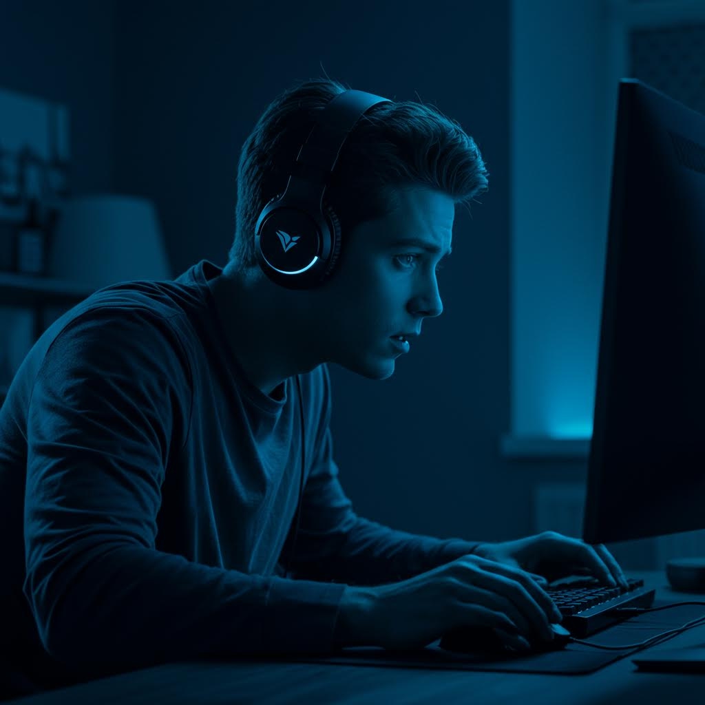 헤드셋을 착용한 젊은 게이머 - 어두운 파란 조명 아래 모니터에 집중하는 PC 게임 플레이어 실루엣