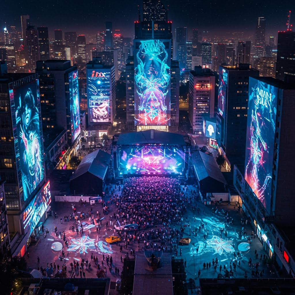 온카스터디 야간 콘서트 플라자 - 대형 홀로그램 스크린과 무대가 설치된 도심 속 문화 교육 축제 현장