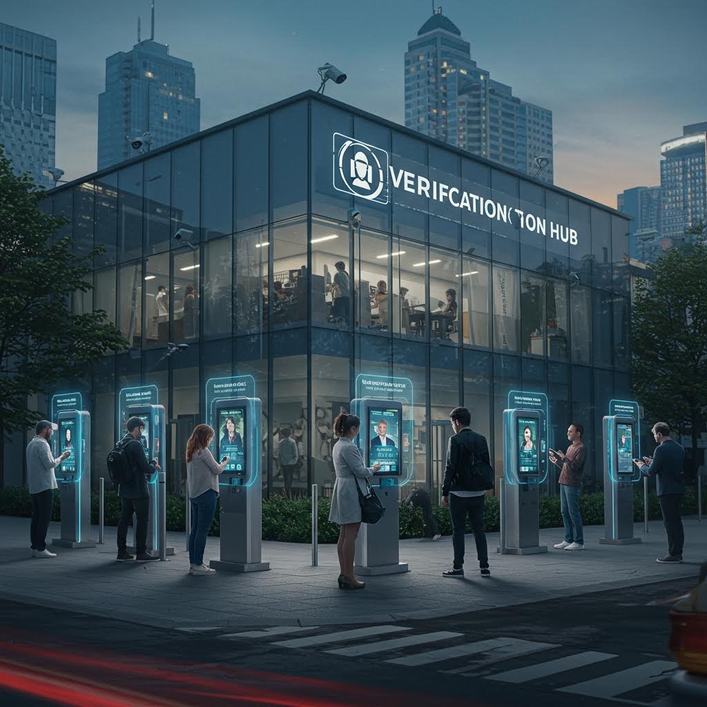 온카스터디 검증 허브 센터 - 생체인식 키오스크가 설치된 투명한 유리 건물 앞 미래형 신원 확인 스테이션