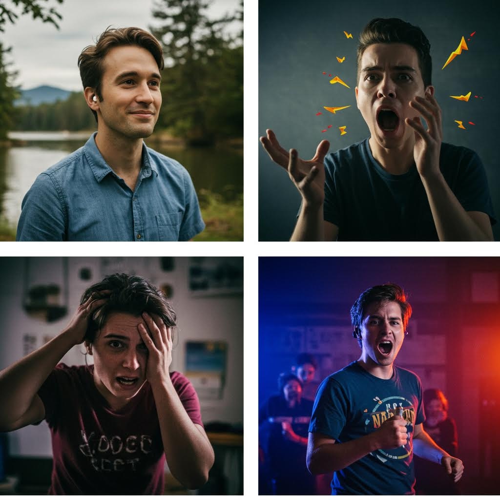 남성의 다양한 감정 표현 콜라주 - 평온함, 놀람, 당황, 흥분 등 다양한 감정 상태를 보여주는 표정 모음