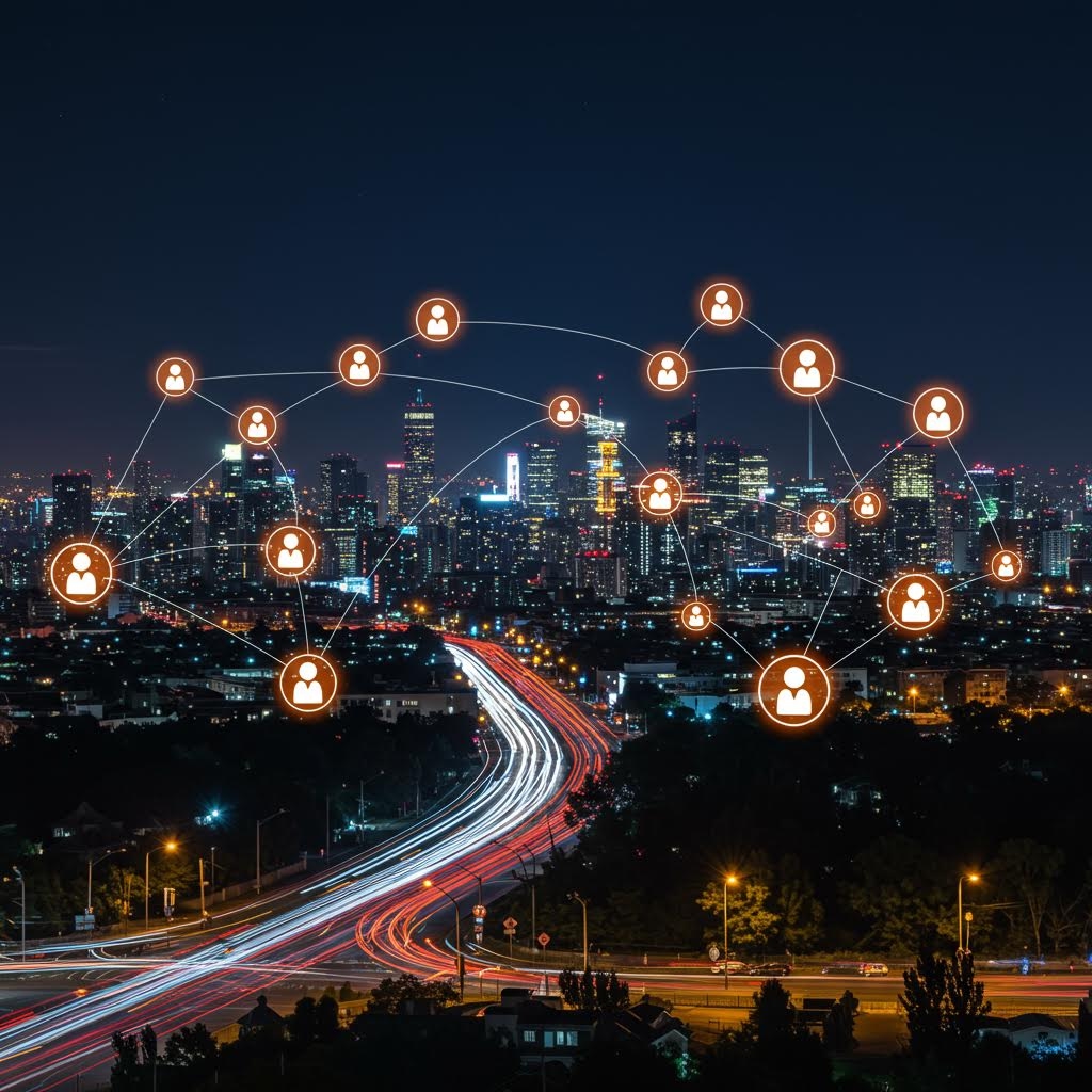 온카스터디 스마트시티 네트워크 - 도심 스카이라인 위로 펼쳐진 사용자 연결 노드와 IoT 통신망 오버레이