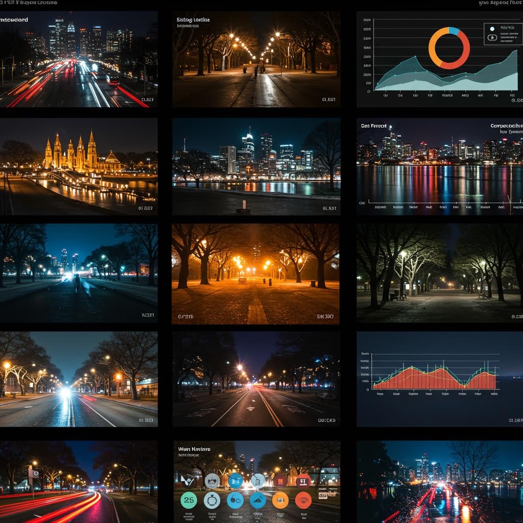 온카스터디 도시 데이터 대시보드 - 야경 사진과 통계 차트가 결합된 스마트시티 분석 및 모니터링 갤러리