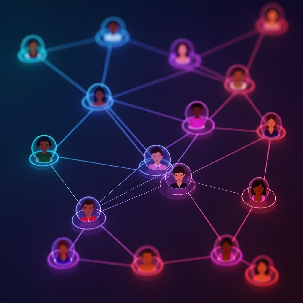 온카스터디 커뮤니티 네트워크 맵 - 네온 그라디언트로 연결된 15명의 학습자 프로필과 소셜 관계망 시각화