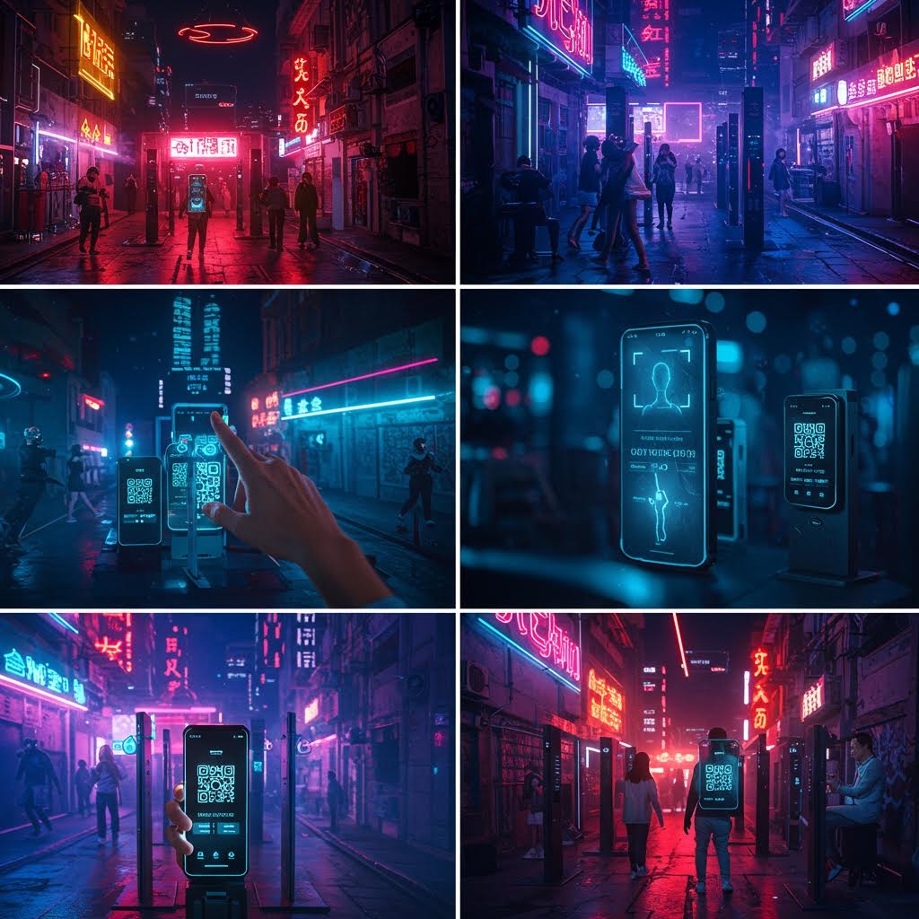 온카스터디 사이버펑크 거리 - QR 코드와 홀로그램 간판이 있는 네온 조명의 미래형 도시 골목길 6개 장면