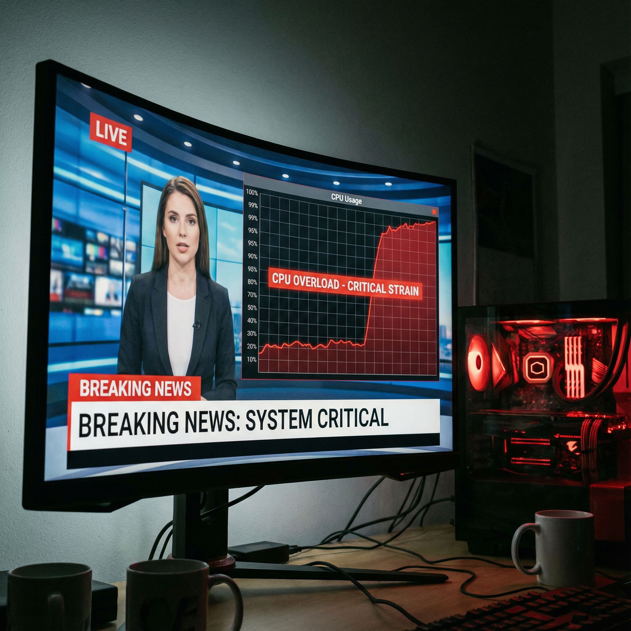검은 화면에 CPU 사용량 그래프가 붉은색으로 급격히 상승하며 과부하 상태를 보여주는 컴퓨터 모니터