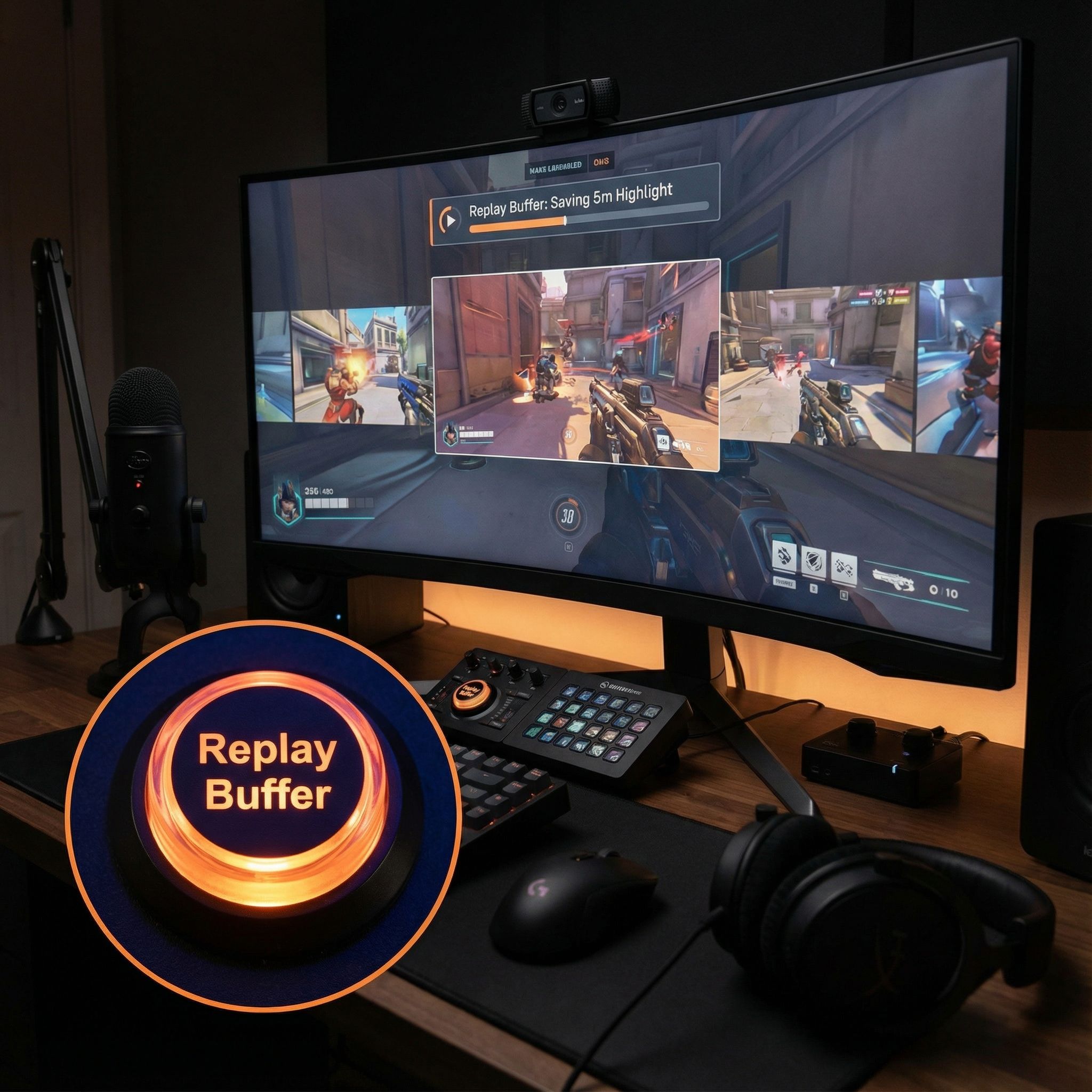 책상 위 스트리밍 장비와 헤드셋 옆으로 화면 속 전투 장면이 분할돼 기록되는 순간