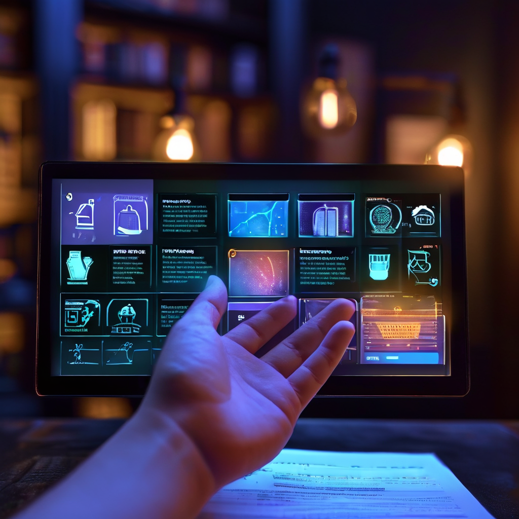 빛나는 푸른색 디지털 화면에 즐겨찾기와 컬렉션 폴더가 떠 있으며, 사진과 동영상 아이콘이 손 위로 흘러 들어가는 모습이다.