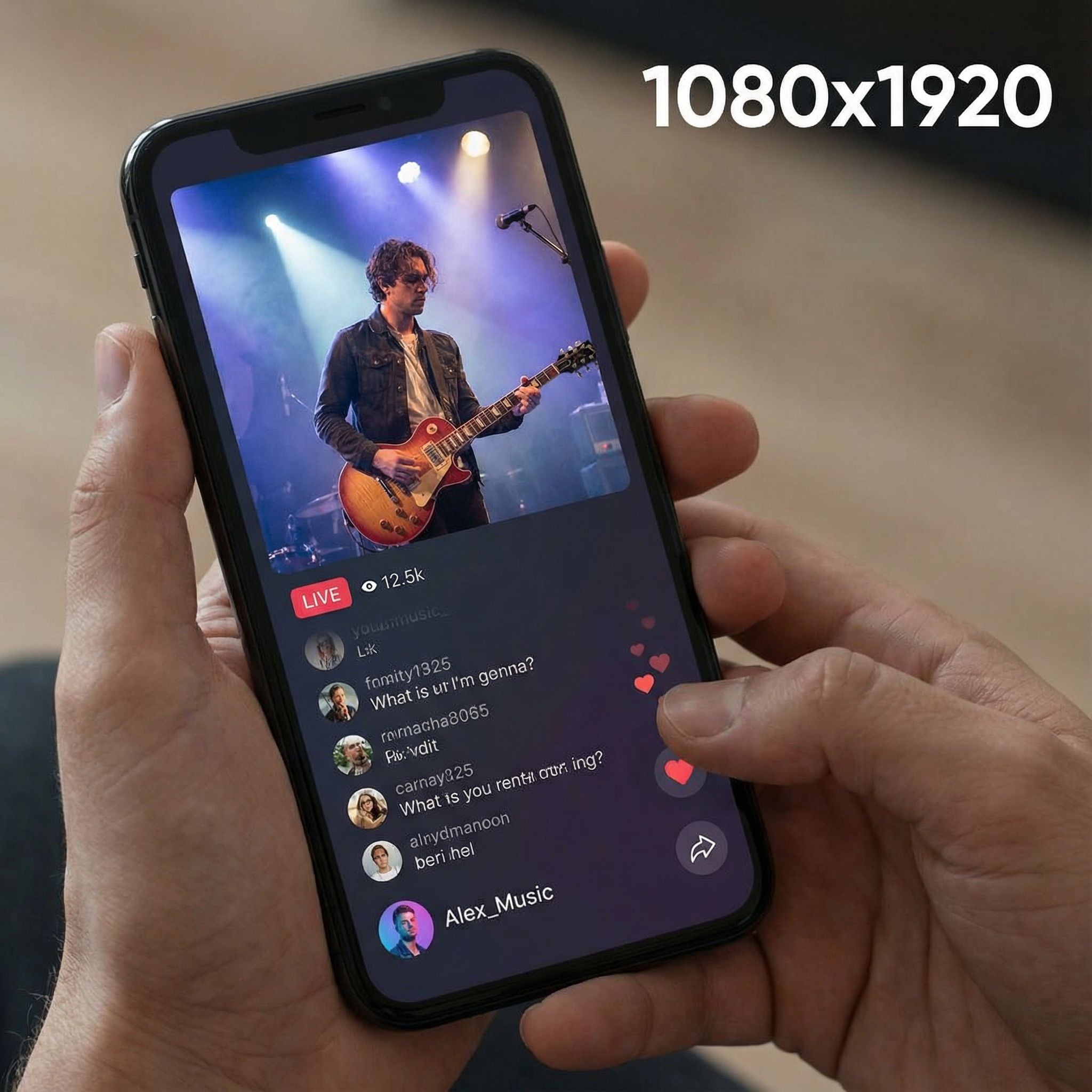 손에 쥔 스마트폰 화면 속 무대 조명 아래 기타 연주자가 라이브로 비춰지고 채팅과 반응 아이콘이 겹쳐 흐르는 장면