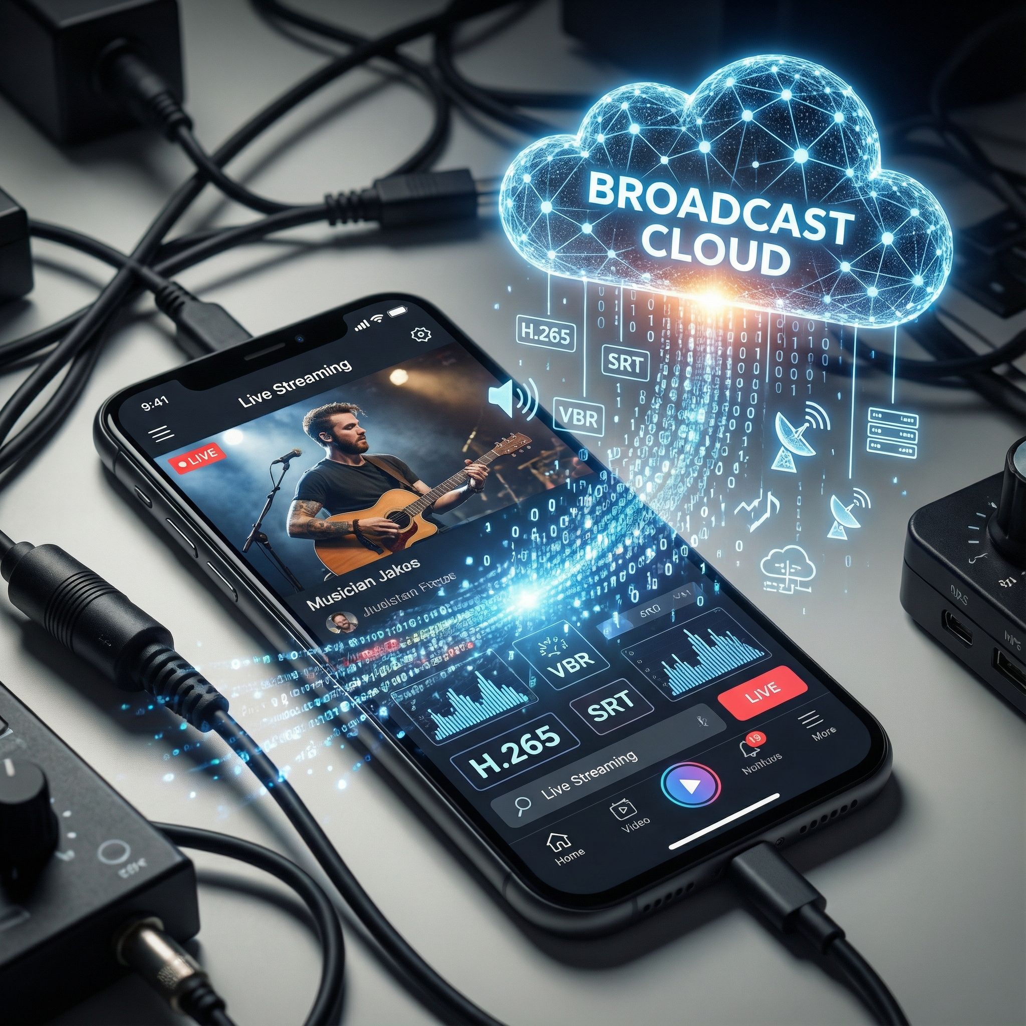 책상 위 스마트폰에서 라이브 공연 영상이 재생되고 데이터 흐름이 구름 형태로 확장되는 전송 장면