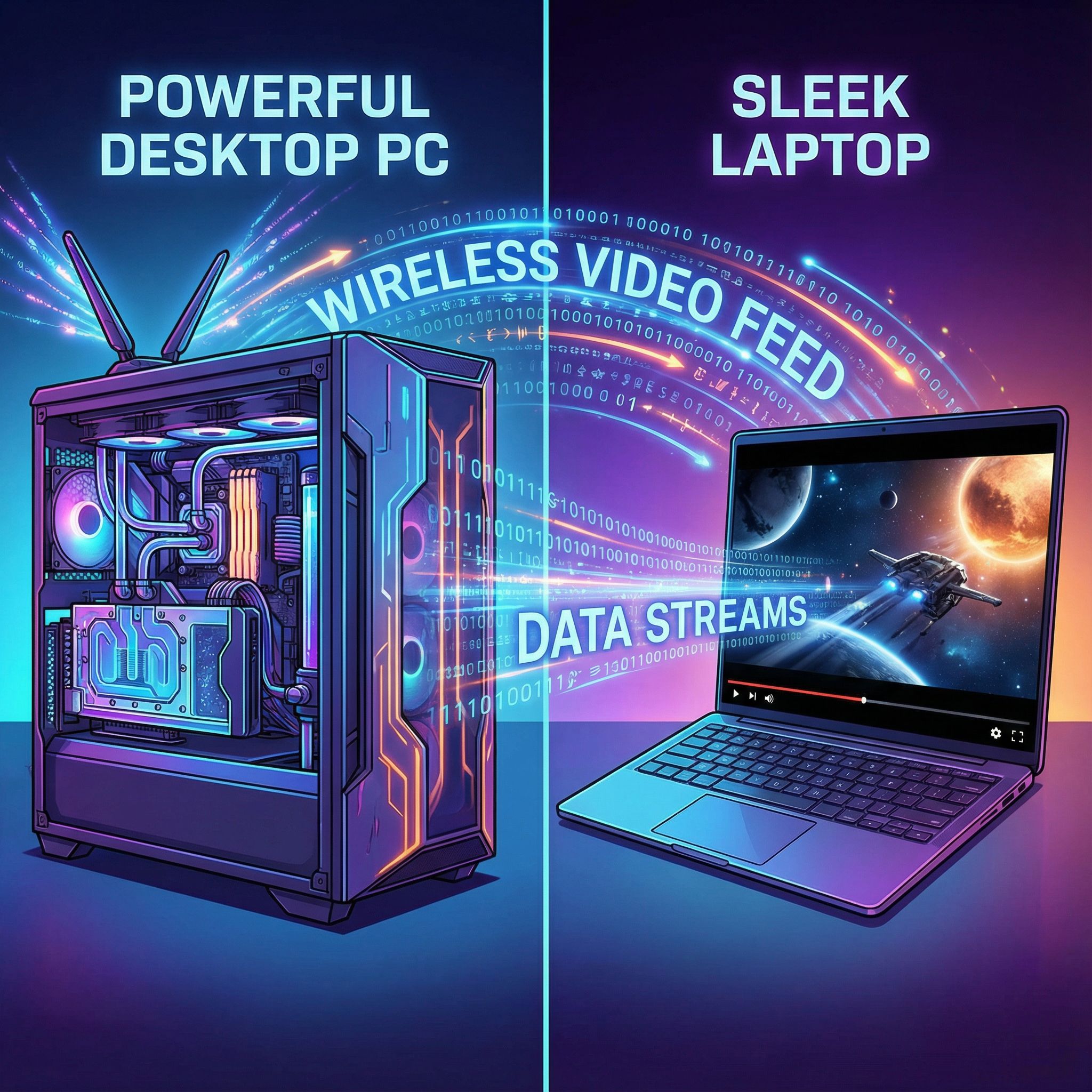 화면이 분할된 일러스트로, 강력한 데스크톱 PC가 빛나는 데이터 흐름으로 연결된 매끄러운 노트북에