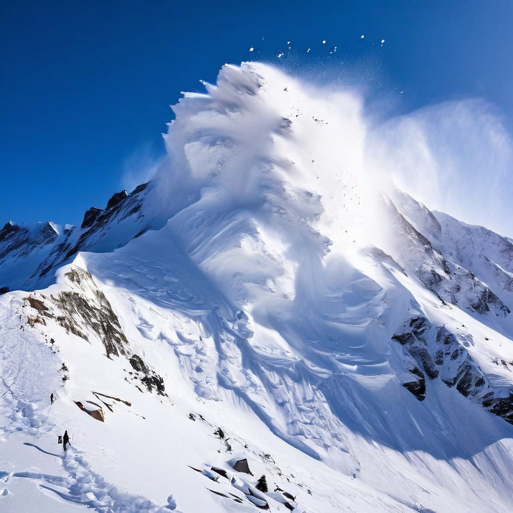 산 정상의 작은 눈덩이가 아래로 굴러가며 점점 거대한 눈사태로 변해 내려오는 모습을 단계별로 표현한 개념도입니다.