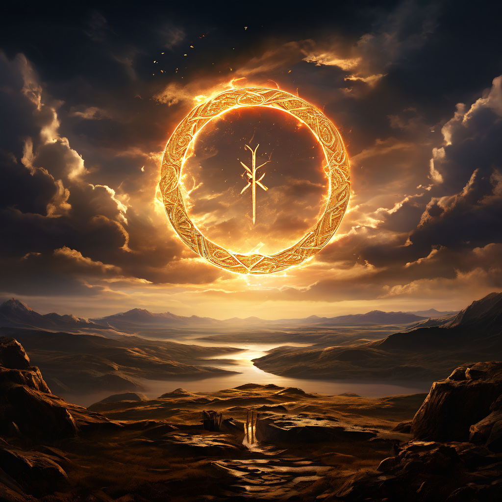 거대하고 빛나는 룬 문양이 고대의 광활한 지형 위에 드라마틱한 하늘을 배경으로 떠 있는 모습이다.