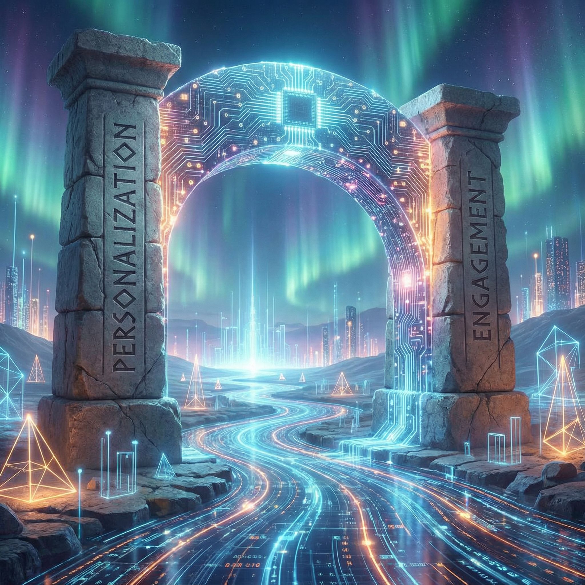 두 개의 거대한 돌기둥이 개인화와 참여라 적히고, 그 사이로 빛나는 회로판 아치가 솟아 있는 디지털