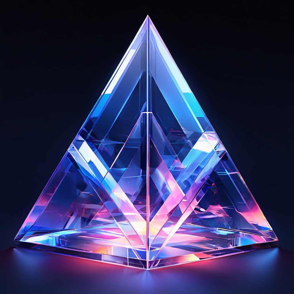 투명한 기하학적 구조가 여러 층으로 겹쳐져 각각 다른 빛과 결함 효과를 보여주며 깊은 의미를 상징하는 모습이다.