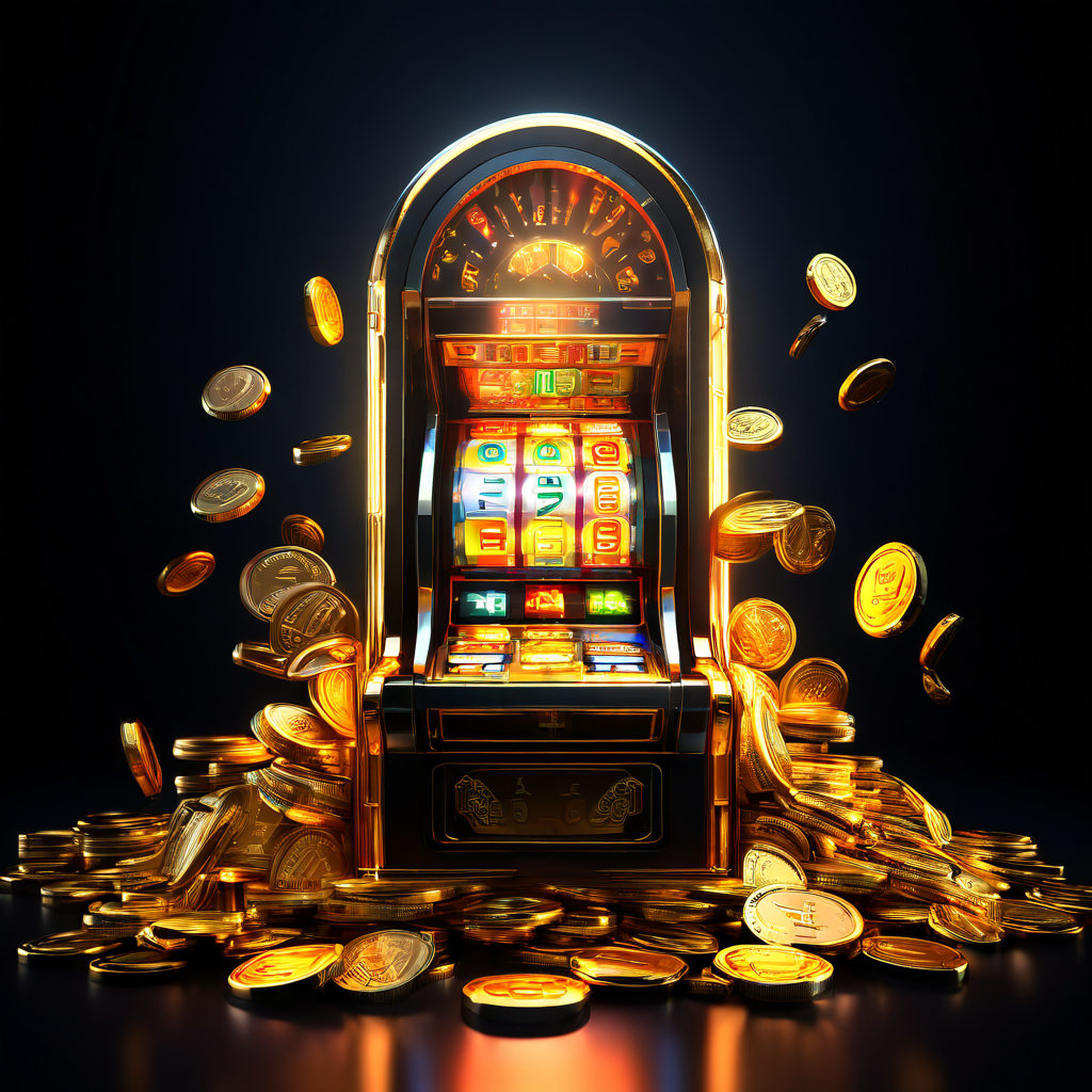 빛나는 미래형 슬롯머신 레버를 당기면 쏟아지는 황금 동전이 떨어지며 점점 더 높게 쌓여가는 모습이다.