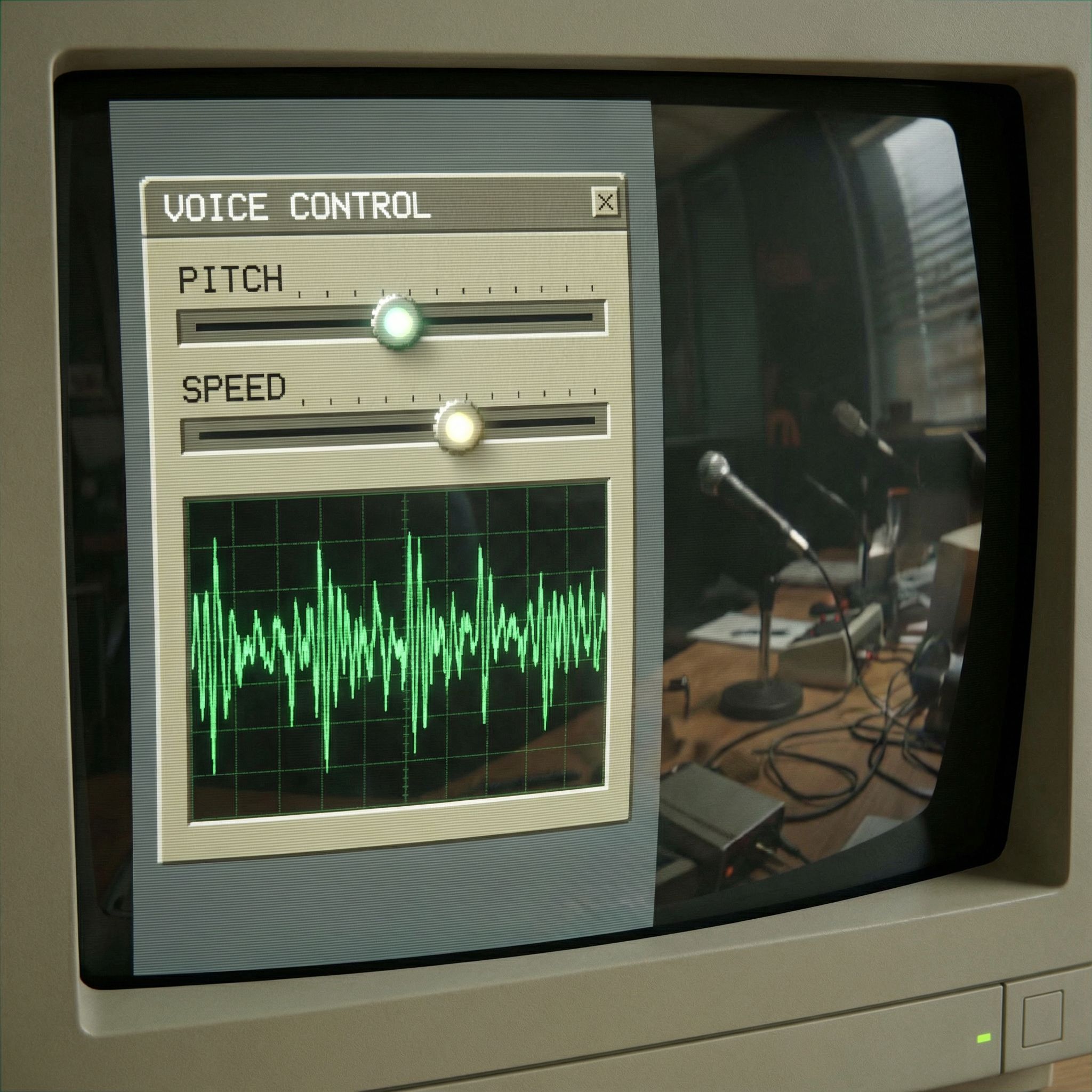 빈티지 모니터 화면에 음성 제어 창이 떠 있고 피치와 속도 슬라이더 아래 파형 그래프가 요동치는 장면