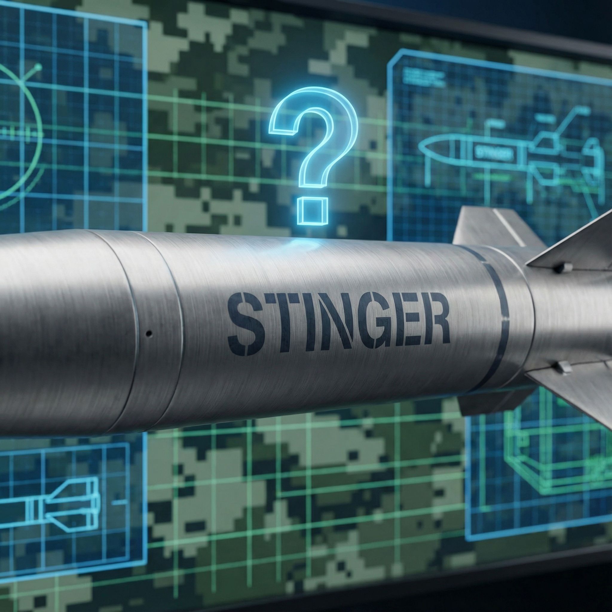 전술 배경에 위치한 세련된 고성능 스팅어 미사일의 근접 촬영이며, 옆에는 의문을 나타내는 물음표가 떠