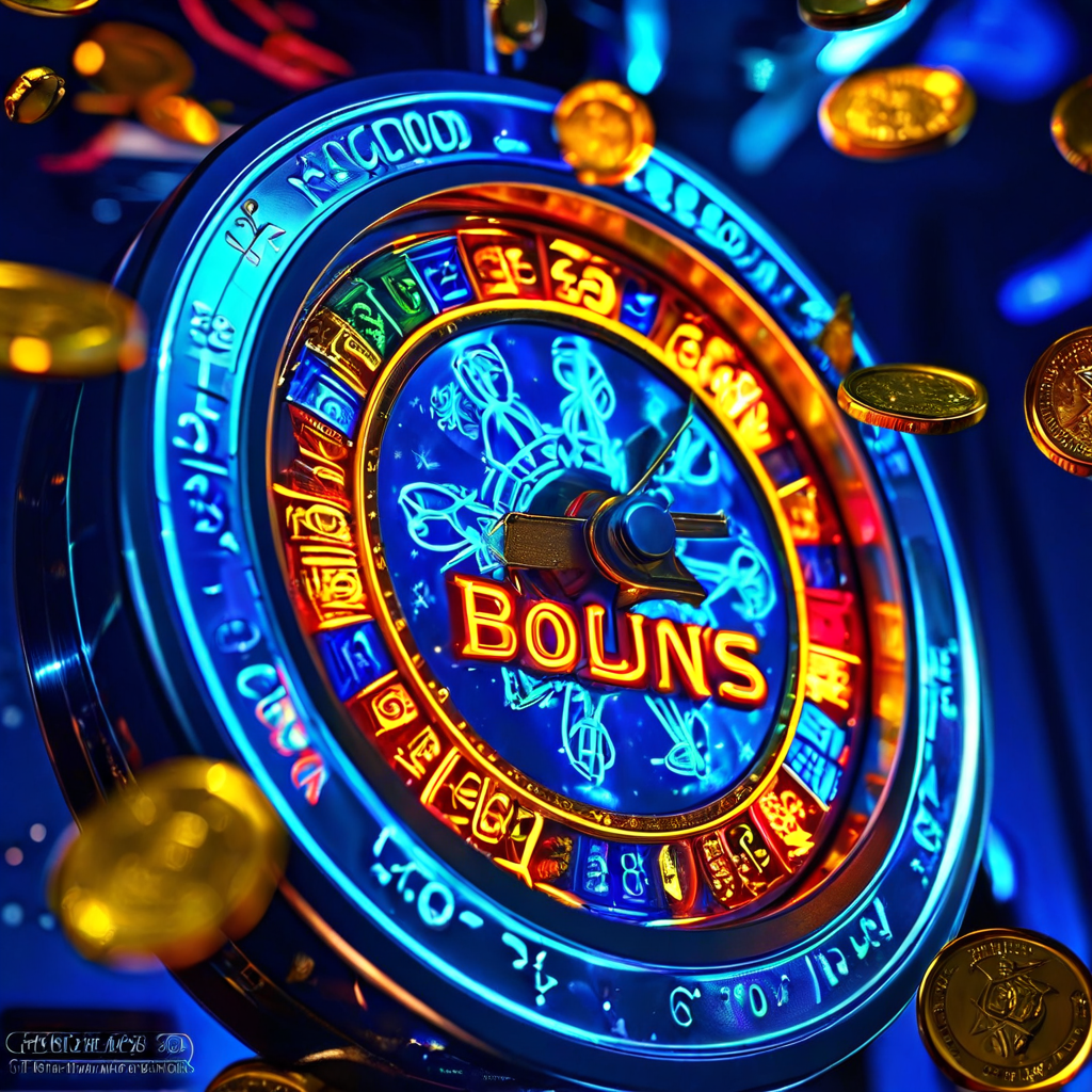 회전 중인 빛나는 슬롯 머신 릴을 가까이서 본 모습으로, 주변에 동전과 반짝이는 보너스 기호들이 멈춰 있습니다.