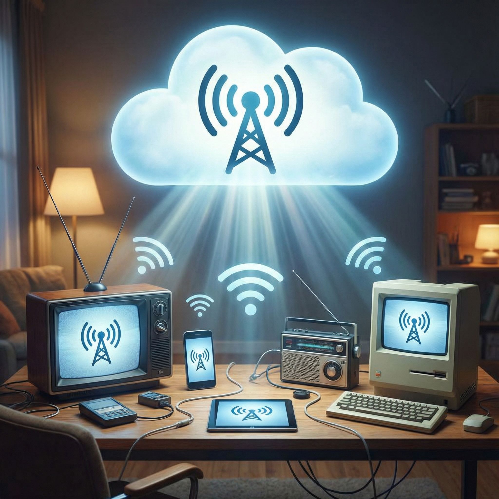 구름 모양 안에 방송 신호 아이콘이 들어 있고, 그 아래 책상 위의 여러 TV와 휴대폰으로 신호가
