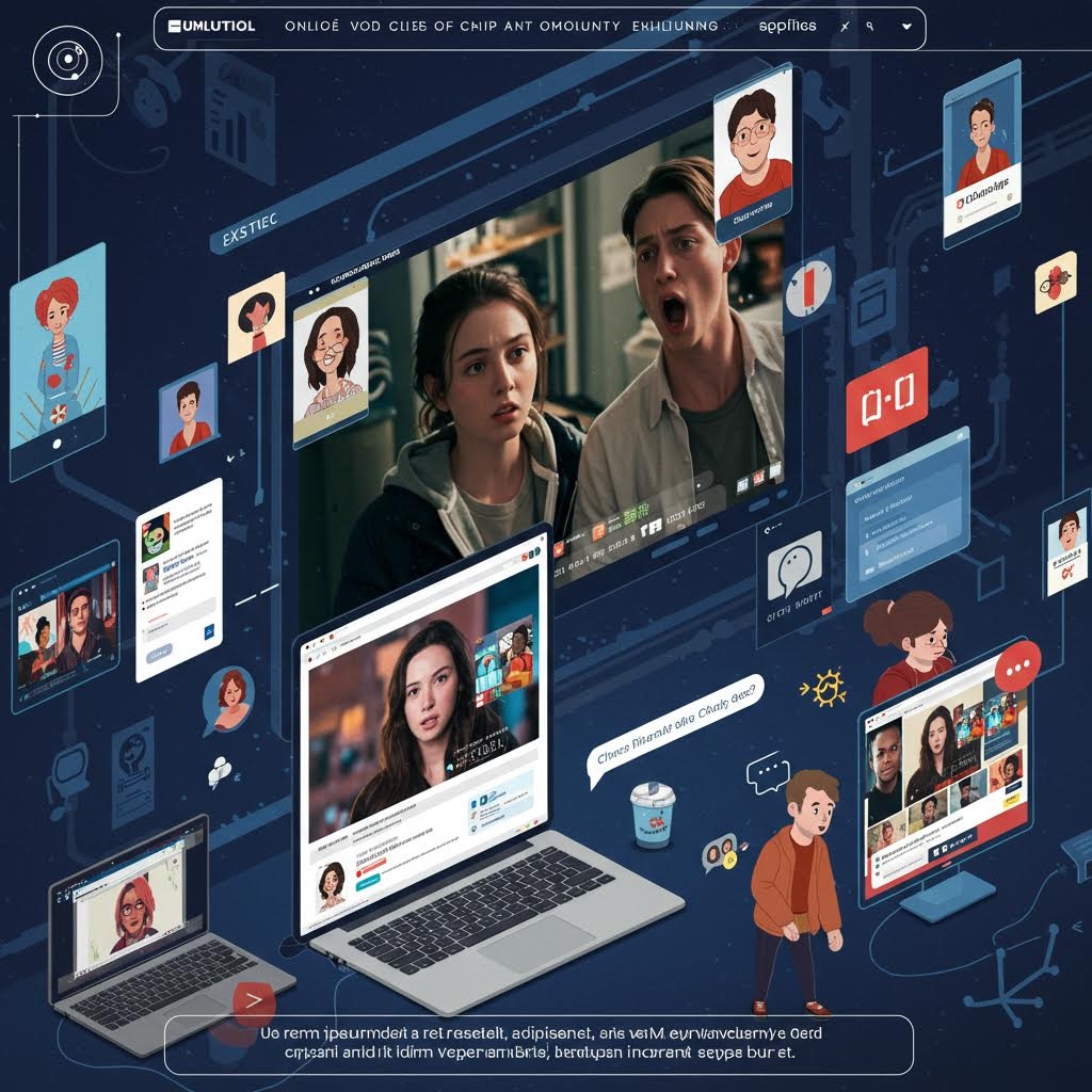 온라인 커뮤니티 화면 속에서 영상 통화, 아바타, 채팅 요소가 함께 표시된 디지털 소통 인터페이스 이미지