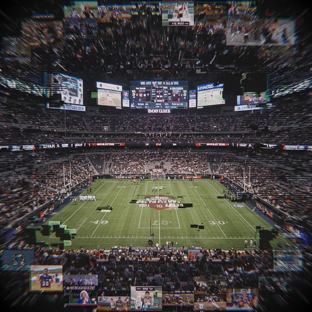 경기장 전경 위에 디지털 글리치 효과가 겹쳐진 이미지로, 혼합된 화면 요소들이 역동적인 분위기를 연출하는 장면