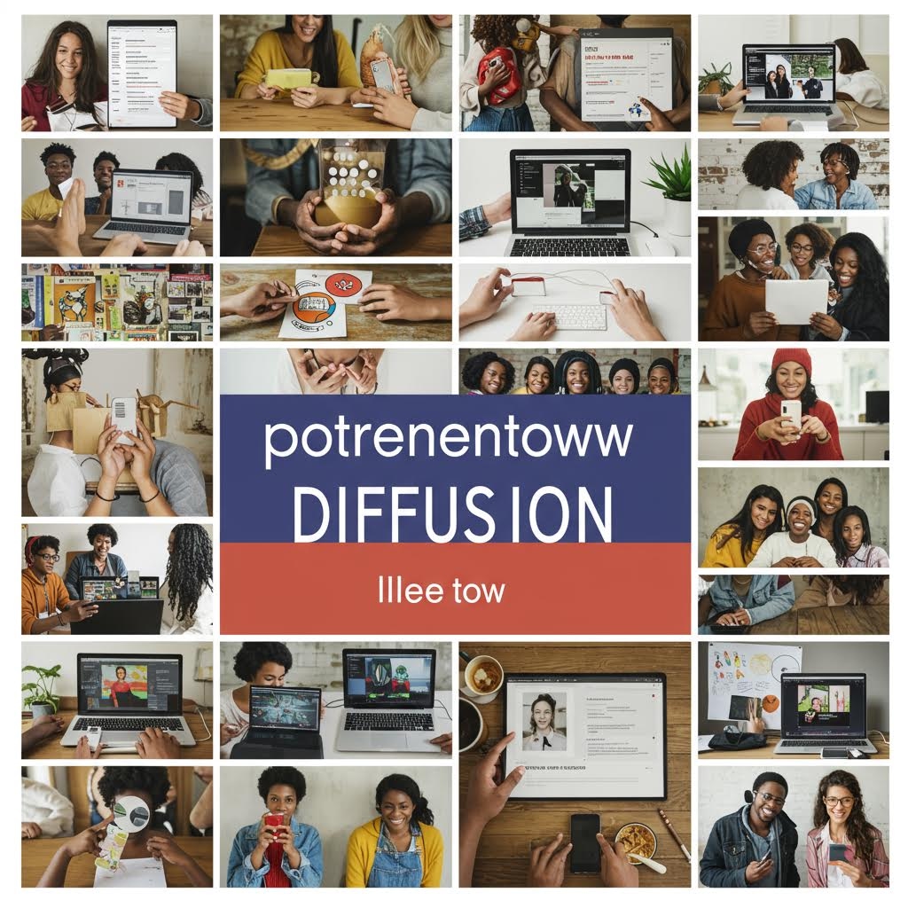 원격 근무, 협업 및 디지털 마케팅을 보여주는 다양한 비즈니스 장면 콜라주와 중앙의 "potrenentoww DIFFUSION lllee tow" 텍스트