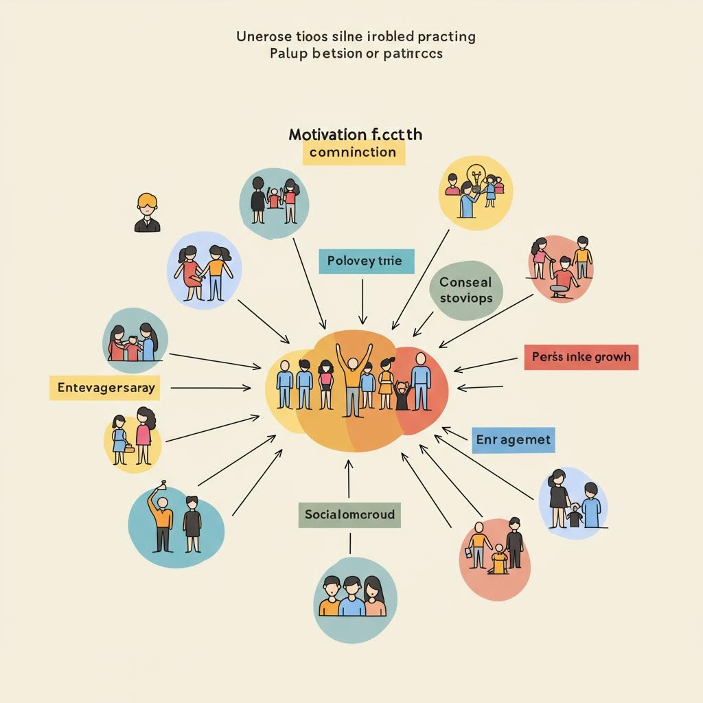 동기 부여, 참여, 사회적 증거 및 개인 성장을 포함한 커뮤니티 구축 전략을 보여주는 마인드맵 인포그래픽