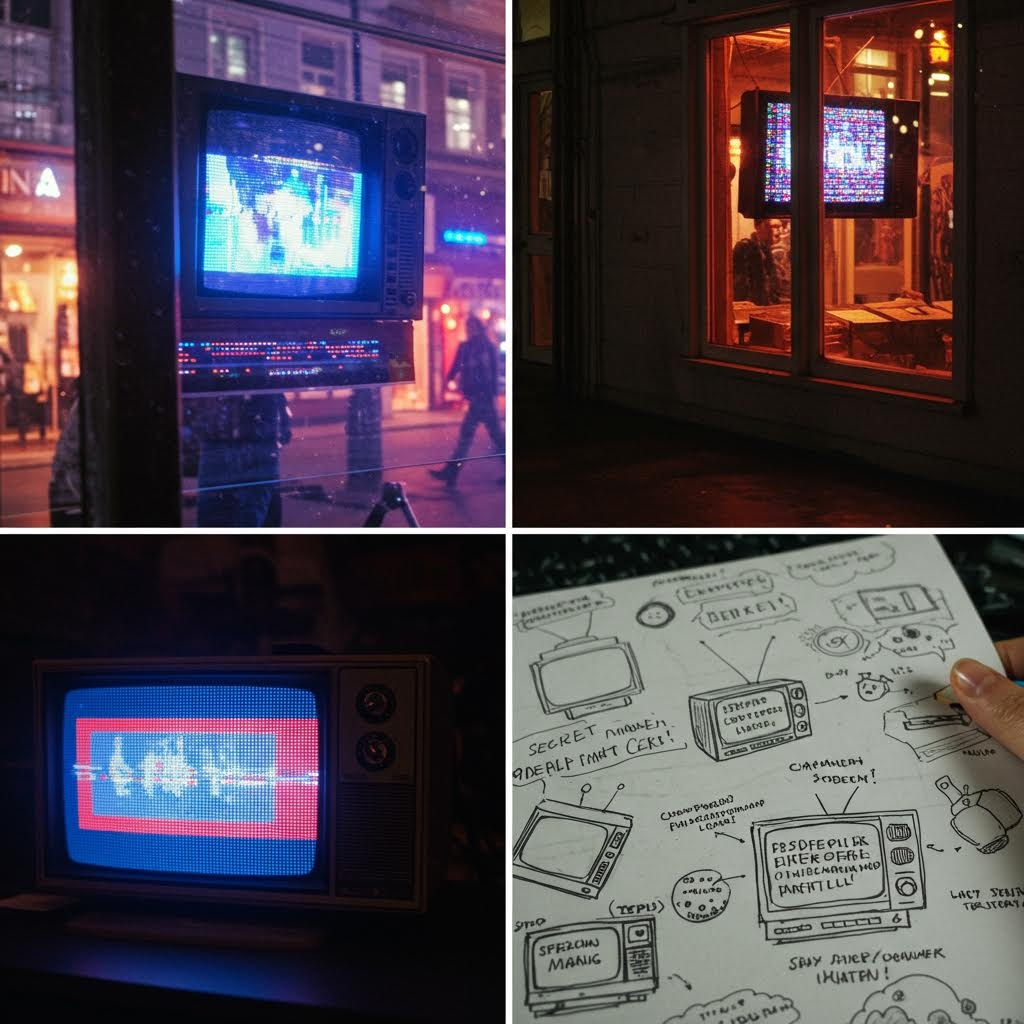 도시 거리와 실내에 설치된 빈티지 TV가 노이즈 화면을 보여주고, 종이에 그려진 레트로 TV 스케치가 함께 구성된 이미지