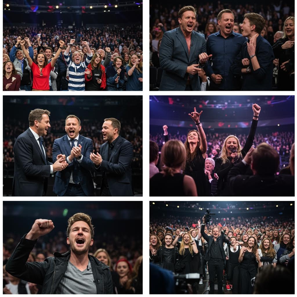 컨퍼런스나 라이브 이벤트에서 열정적으로 환호하고 박수치는 청중들의 모습을 담은 사진 모음