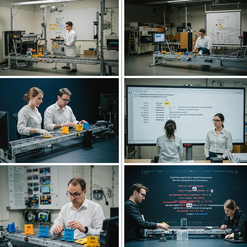실험실에서 연구원들이 자동화 장비를 조작하고 데이터 화면을 확인하는 공정 테스트 장면