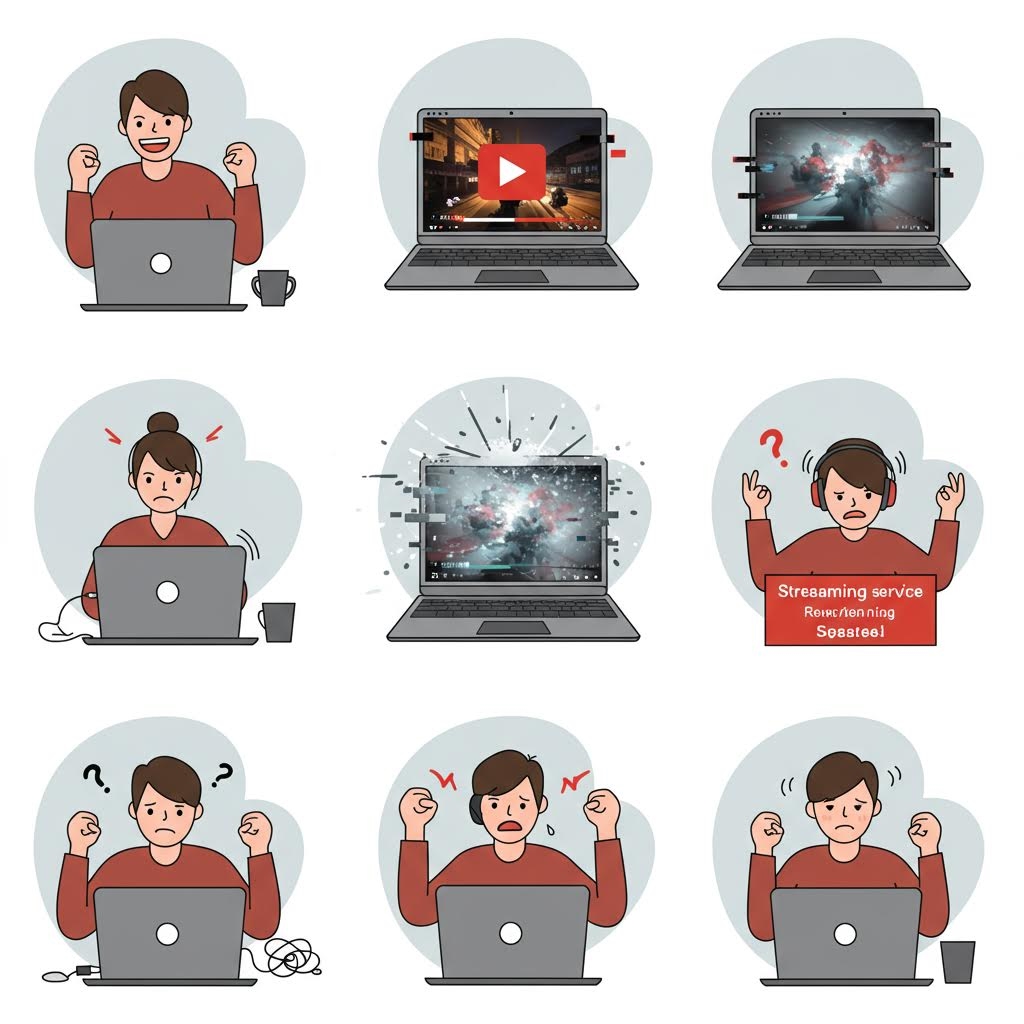 스트리밍 오류로 인해 사용자 표정이 변하는 과정을 단계별로 보여주는 일러스트와 노이즈 화면이 나타난 노트북 이미지