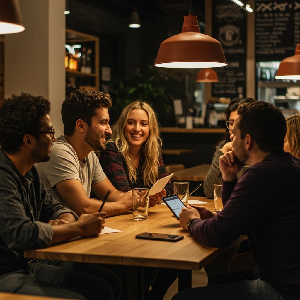 카페 테이블에서 친구들이 대화를 나누며 웃고 있는 따뜻한 분위기의 장면