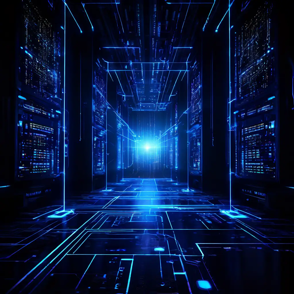 휴면 상태의 기계 네트워크가 빛나는 데이터 코어의 에너지로 다시 활성화되며, 어두운 디지털 공간에 접속 지점들이 빛의 파동을 퍼뜨리고 있는 복잡한 시스템 재가동 장면입니다.