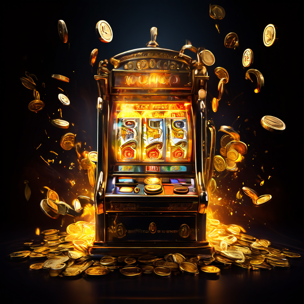 어두운 배경에 빛나는 슬롯머신 레버를 당기는 손에서 물음표와 금화가 쏟아져 나오는 모습이다.